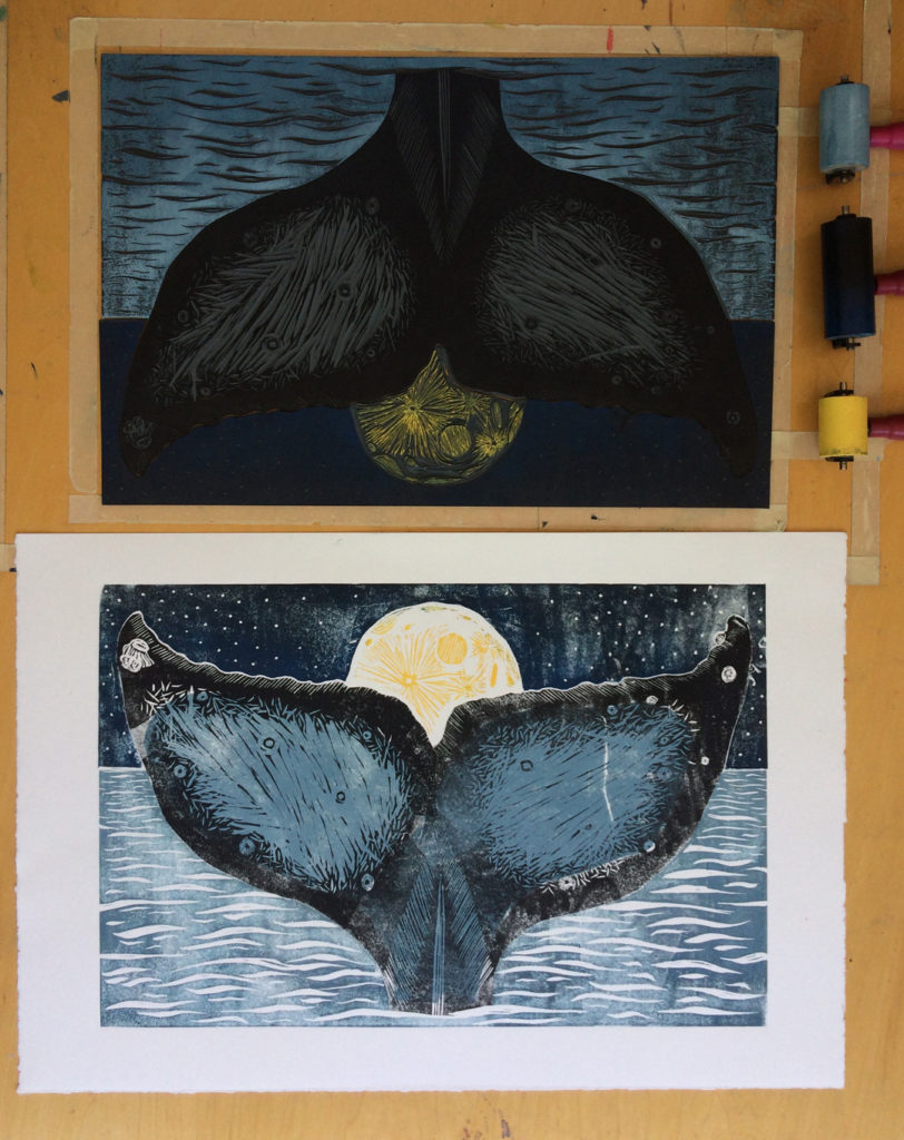 moon whale linocut colour test