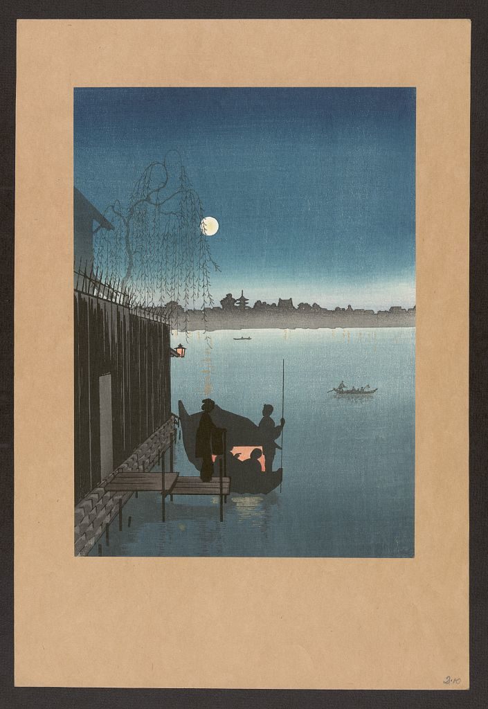 ukiyo-e japanese woodblock of fishermen at night